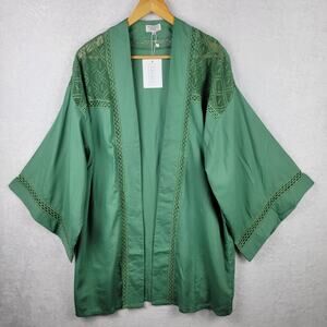 Bohemian Cardigan OS Kimono Sleeves Crotchet Open Front Green Cover Up Casual